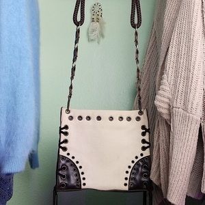 Unsure look for boho Leather canvas braided Crossbody Purse copper rings fringe